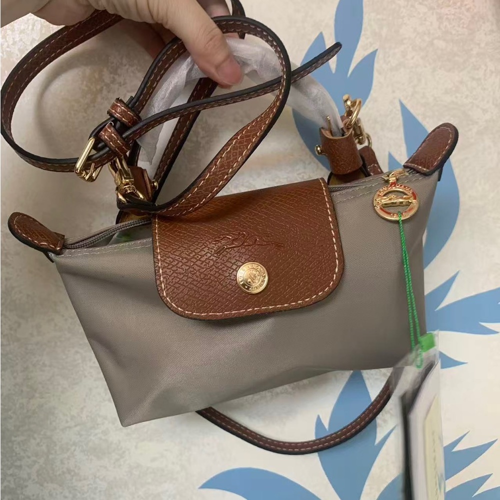 Longchamp Crossbody Bag in Taupe with Brown Trim